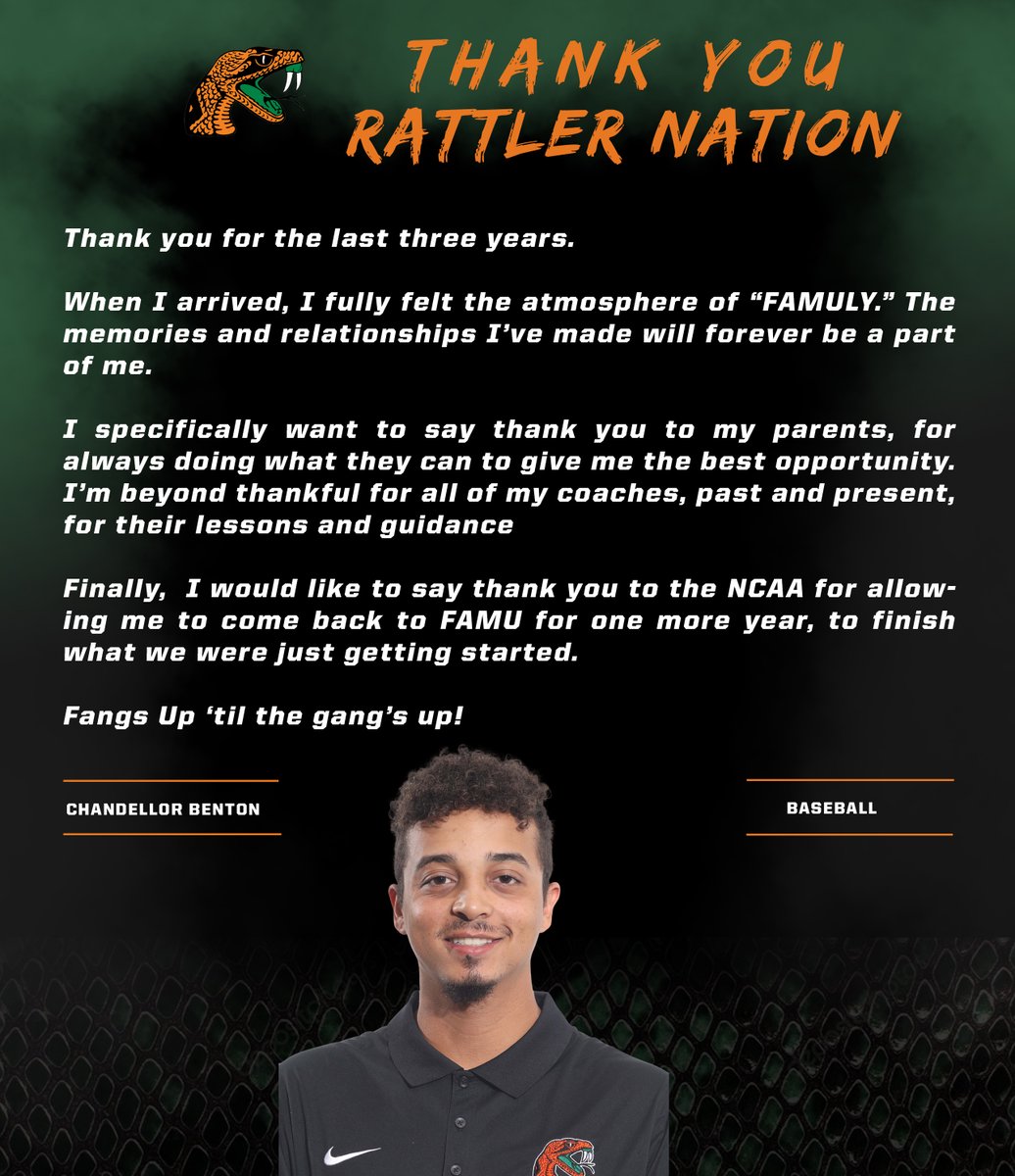 FAMU_Baseball's tweet photo. Congrats to senior relief pitcher @chandellor21   and we are wishing you much success in the future #FangsUp #FAMU #strikestrikestrikeagain #WeAreFAMU #FAMULY https://t.co/a9OIkpzZlg