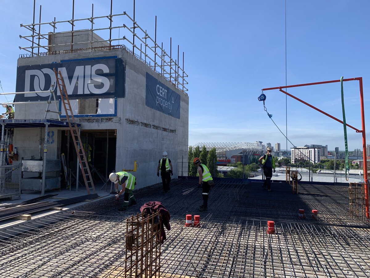 DomisLtd's tweet photo. 1 floor to go! Apartments underway too. Glorious sunshine. Stunning view across to ⁦@ManUtd⁩. ⁦@CERT_property⁩ ⁦@civicengineers⁩ ⁦⁦@LRW_Architects⁩ https://t.co/bKWJ4GTZr2