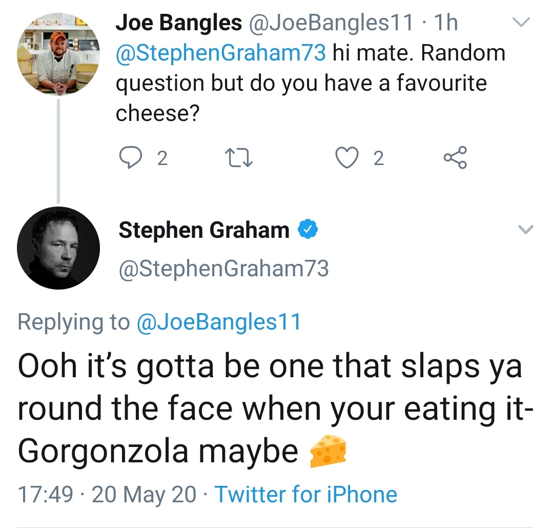 A massive thank you to the AMAZING  @DonCheadle for your favourite Brie choice, to  @StephenGraham73 and  @krishgm for your delectable cheese choices and to  @daraobriain for replying, albeit keeping those cards close to your chest.Humbled by all of your time and replies. 