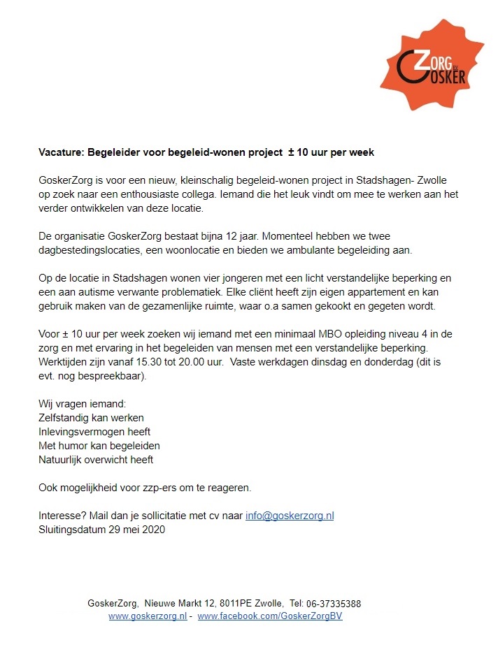 Vacature: Begeleider voor begeleid-wonen project  ± 10 uur per week