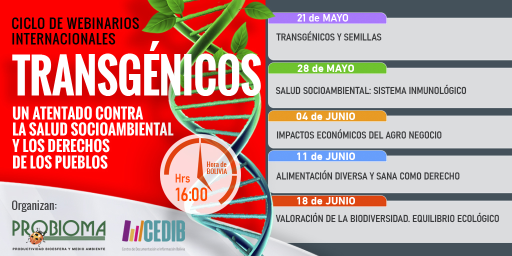 cedib_com's tweet photo. Hoy a las 16:00 continuamos nuestro ciclo de webinarios  sobre #transgénicos con una sesión sobre Semillas. Será en https://t.co/1kn3a5U26e 
Con @probioma
#NoTrasngénicosEnBolivia https://t.co/qVNJ8Jq3EZ