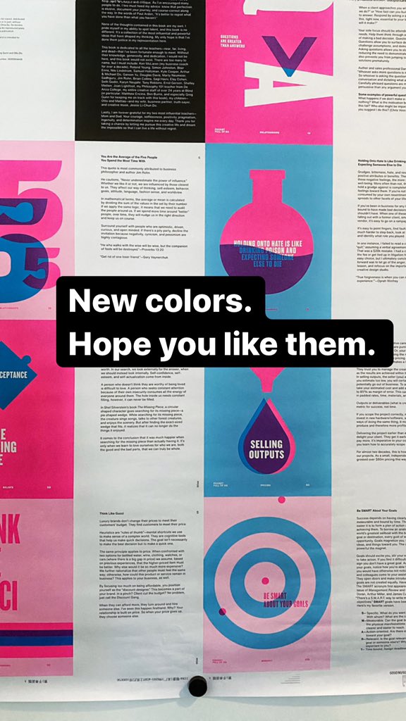 theChrisDo's tweet photo. Print proofs just came in for second edition of #PFOD book. On the left are the original colors. On the right are the new colors picked by @grgnn and Min. Book is slightly bigger with wider gutters to make it easier to open. https://t.co/pRGXcsxJAu