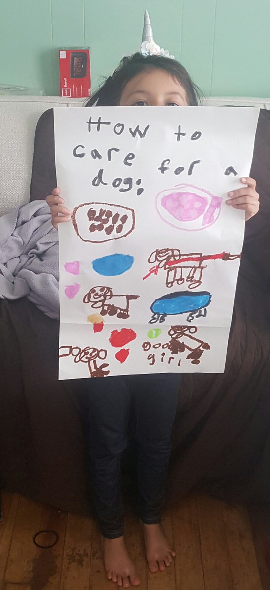 First grader Penelope, showing off a poster she made for Literacy with Mrs. Garcia after reading Can I Be Your Dog? #stayingconnected <a href="/MPSPanthers/">Marlborough Public Schools</a>