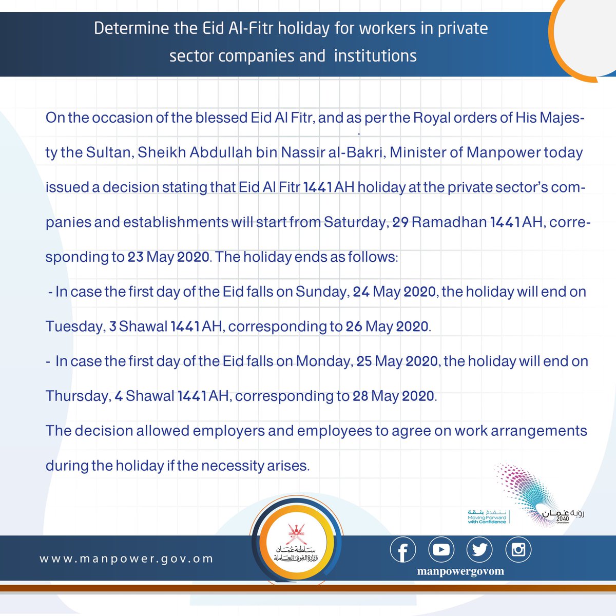 Labour_OMAN's tweet photo. Determine the Eid Al-Fitr holiday for workers in private sector companies and  institutions https://t.co/KhYICl7IVA