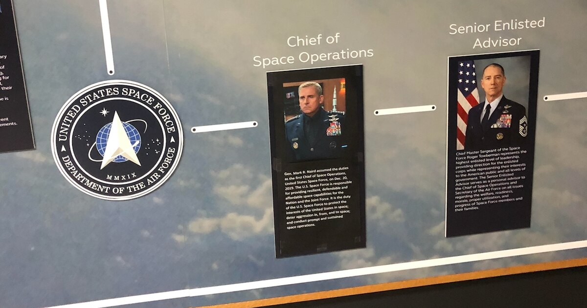 MilitaryTimes's tweet photo. Someone taped Steve Carell’s picture over Space Force’s top officer at the USAF museum. https://t.co/3Lk4f7QSSl https://t.co/gkbvBdNYym
