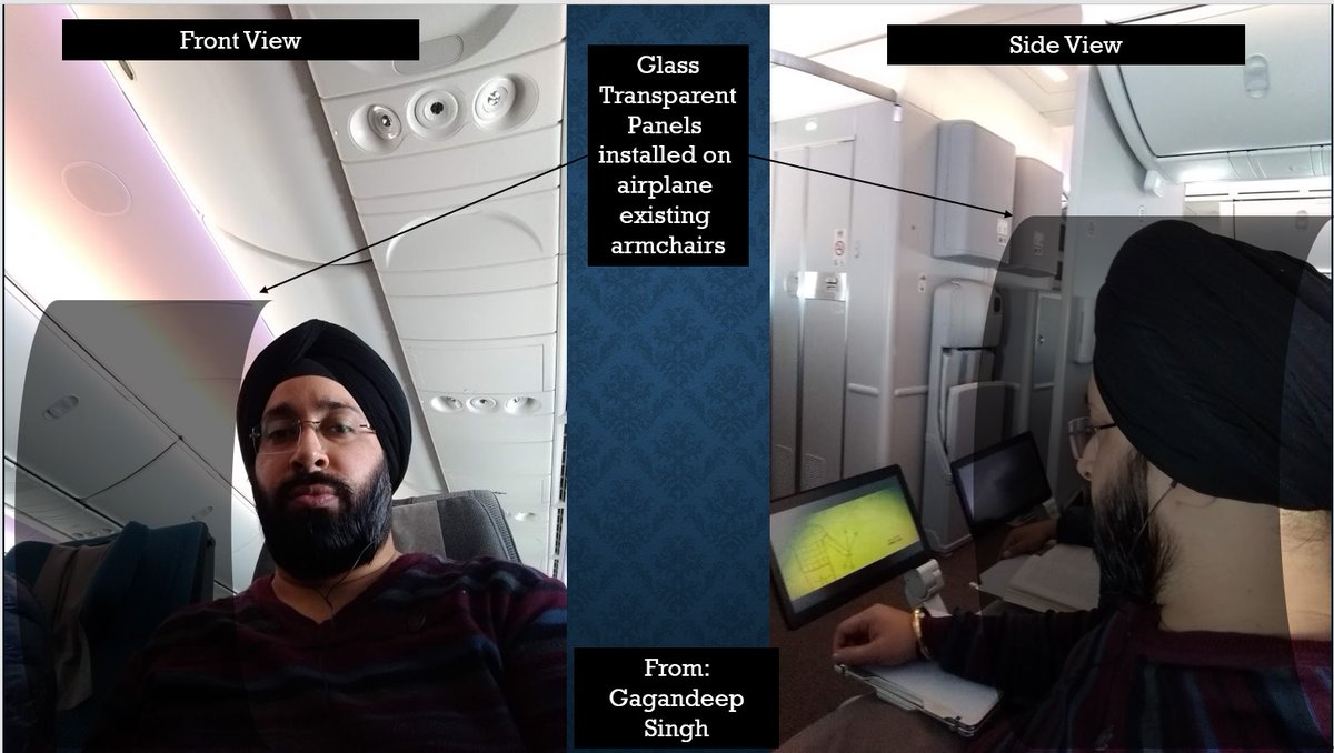 gagan_response's tweet photo. @saint_gobain_in The idea is of glass transparent panels that can be installed on airplane existing armchairs. This will create an insulated volume around each passenger limiting the interaction by air. Thus, reducing the possibility of virus transmission by air. #GlassShield #RemainClearlySafe https://t.co/Ry23yW2qXE