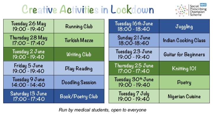 henryaughterson's tweet photo. Super excited to launch our @SP_champScheme Creative Activities in Lockdown: run by medical students, open to everyone!!

Join us for any of these virtual, weekly + free sessions. Please share widely for some #socialprescribing at home. 

Details/register: https://t.co/9BNmD1M3iO https://t.co/svNJrJpPzn