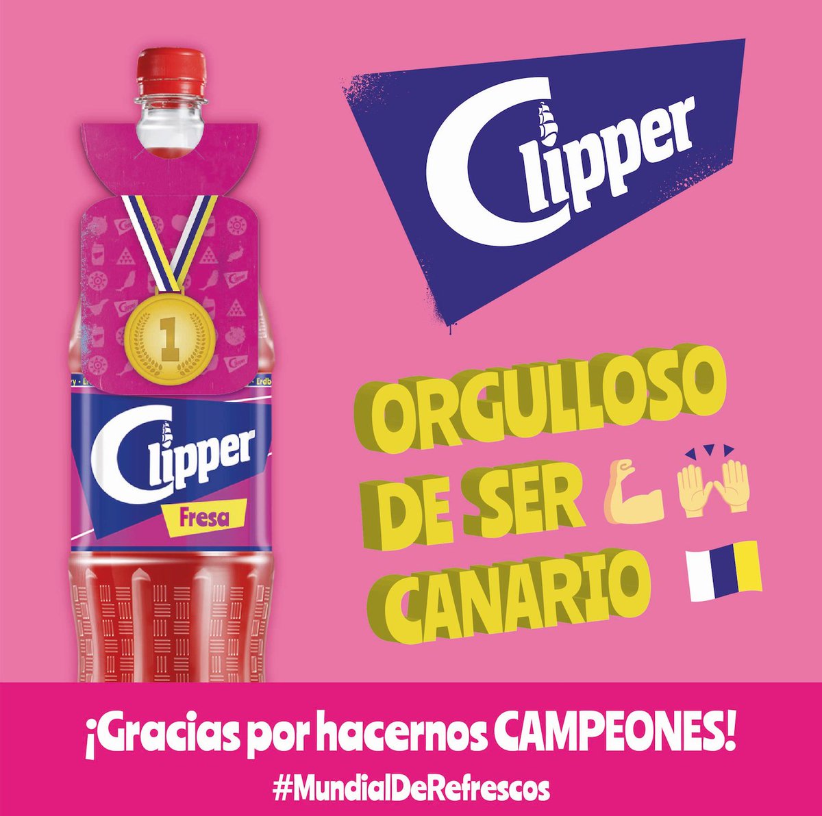 👉Clipper ya luce su medalla 🥇 de campeón !! 👉 Celebra el #DíaDeCanarias🇮🇨con la bebida ganadora del #MundialDeRefrescos.  Gracias 🙌 a todos por hacerlo posible  🥇🥰 <a href="/elaboradoaqui/">ElaboradoEnCanarias🇮🇨</a>
 Clipper 🍓 #OrgullosoDeSerCanario