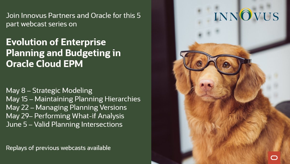Join us for this webinar series hosted by <a href="/InnovusPartners/">Innovus Partners</a> and <a href="/Oracle/">Oracle</a> where we'll address pain points of planners. Experience how an Oracle Cloud #EPM #planning solution is efficient, accurate, auditable, &amp; scalable. Register bit.ly/2TsbX4e 
<a href="/OracleERPCloud/">OracleERPCloud</a> #Hyperion