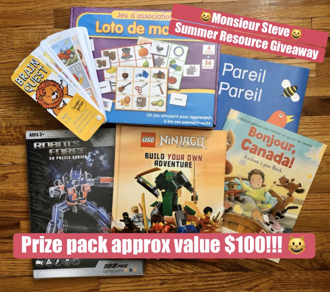 #GIVEAWAY ALERT! 🎉 In honour of all the hard work happening @ home, I wanted to do a giveaway with some great #summerresources! 

To enter:
1) Follow me <a href="/MonsieurSteve1/">Monsieur Steve</a> 
2) Retweet &amp; tag a friend
3) Subscribe to my page m.youtube.com/c/monsieurstev…
4)Winner announced 06/20 @ 3pm!