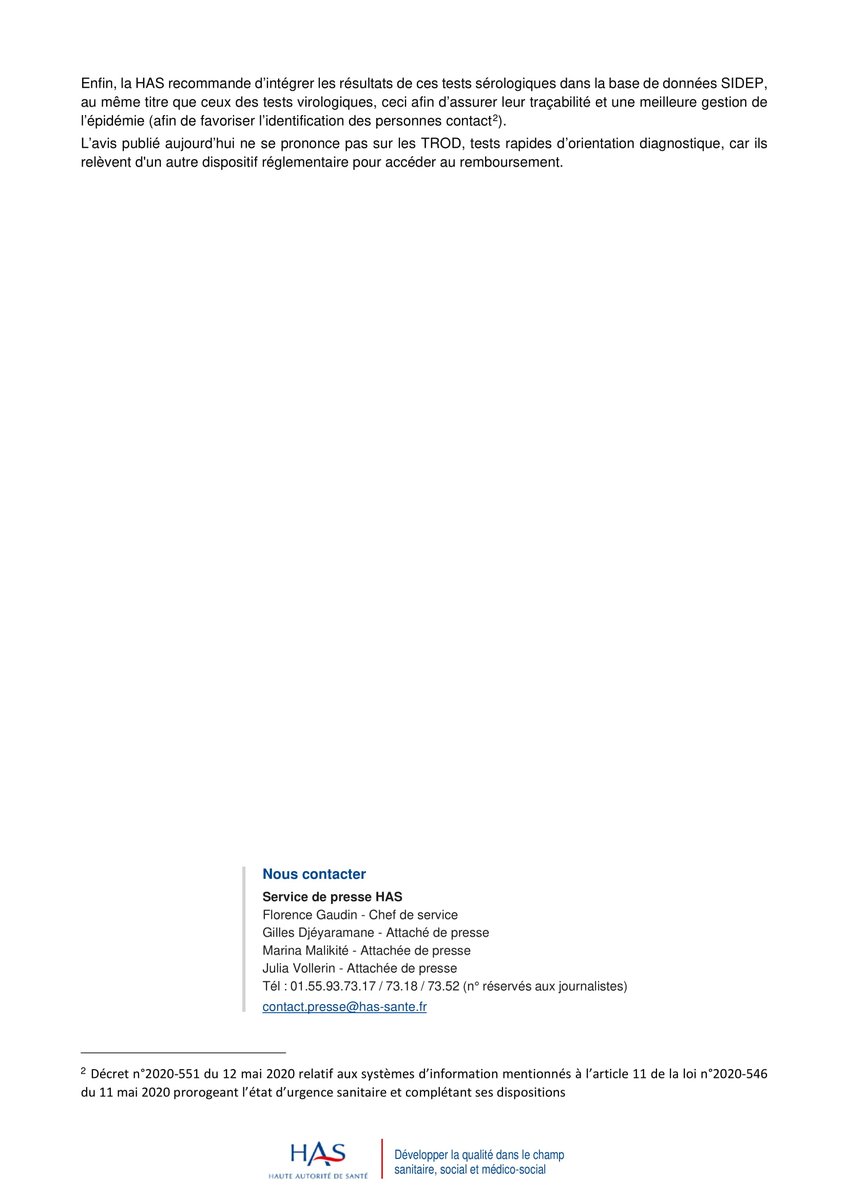 1/3 #Communiqué | #COVID19 Avis favorable à l’inscription au remboursement des :

✅tests sérologiques de dépistage automatisables de type ELISA
✅tests de diagnostic rapide (TDR)

❌TROD (autre dispositif réglementaire)
❌Autotests (non recommandés)

👉has-sante.fr/jcms/p_3186099…