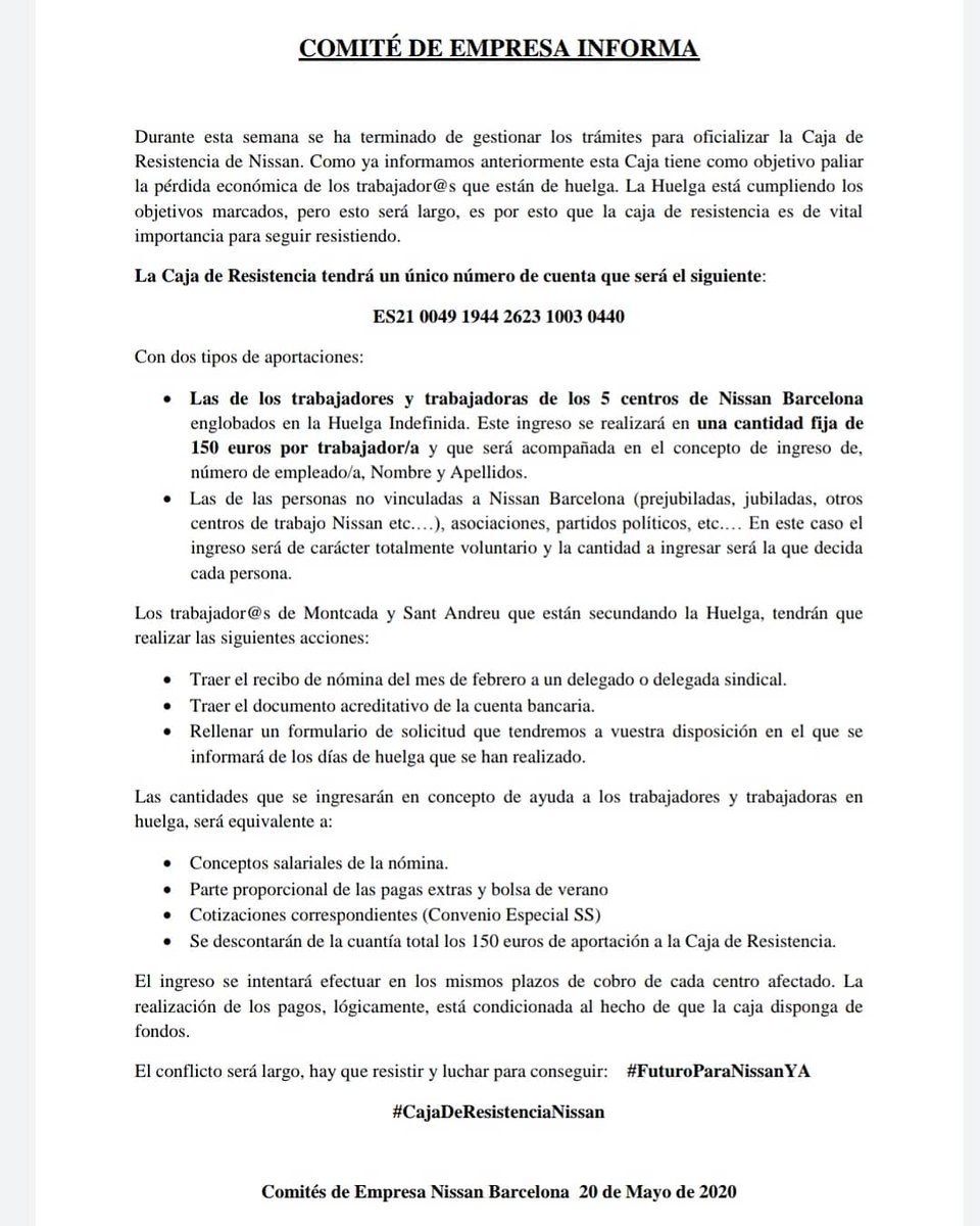 SIGEN_us's tweet image. Ya se ha puesto en marcha la #CajaDeResistenciaNissan
Os animamos a colaborar. 
Entre todos por un #FuturoParaNissanYa
#HuelgaIndefinida