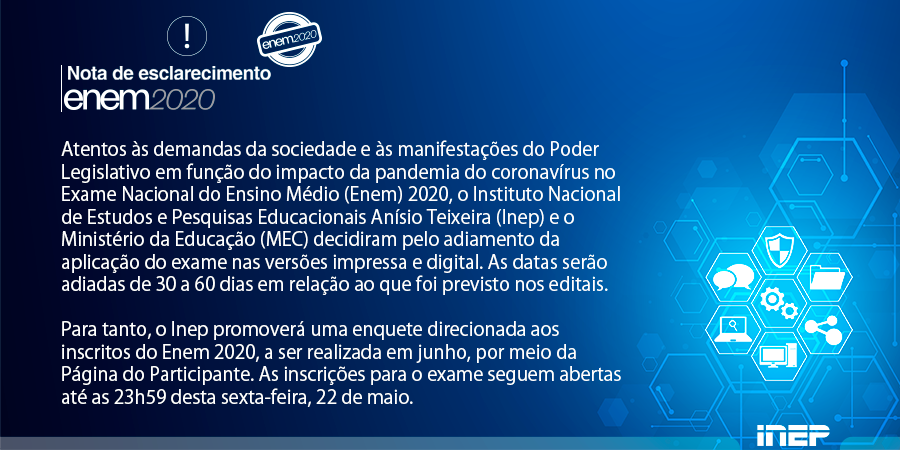 inep_oficial's tweet photo. Atentos às demandas da sociedade e às manifestações do Poder Legislativo em função do impacto da pandemia do coronavírus no Enem 2020, o Inep e o MEC decidiram pelo adiamento da aplicação do exame nas versões impressa e digital. https://t.co/8PMqHKPqNH https://t.co/UIWBKJADHC