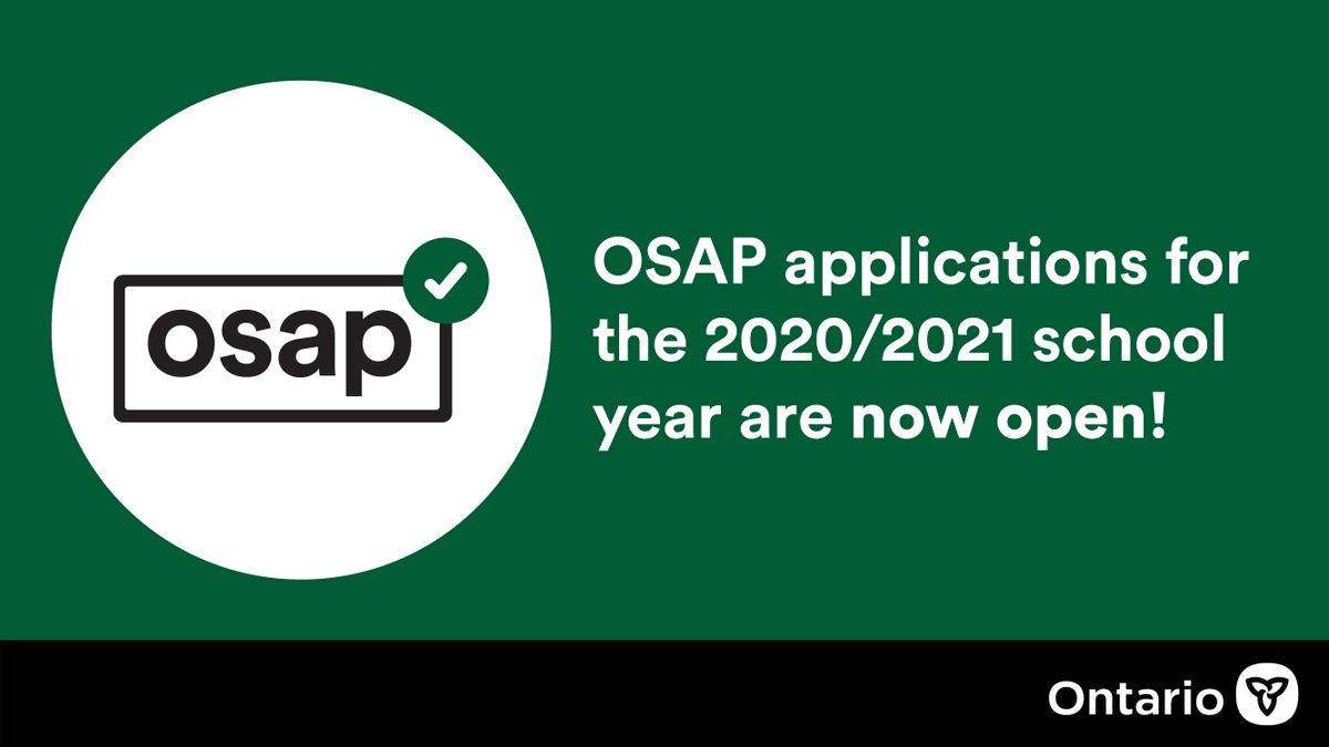 #OSAP applications for the 2020-21 school year are now open. Whether you're looking for OSAP to start your #PSE, are already a student returning to school and received OSAP last year, now’s the time to fill out or update your application at ontario.ca/osap