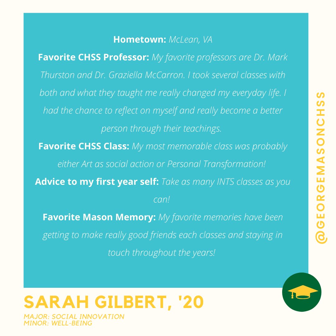 Join us in saying Congratulations to members of the CHSS Class of 2020! Meet Sarah Gilbert, a senior from McLean, VA majoring in social Innovation. Congratulations Sarah we wish you the best of luck with your future endeavors. #Mason2020 #IAmCHSS
