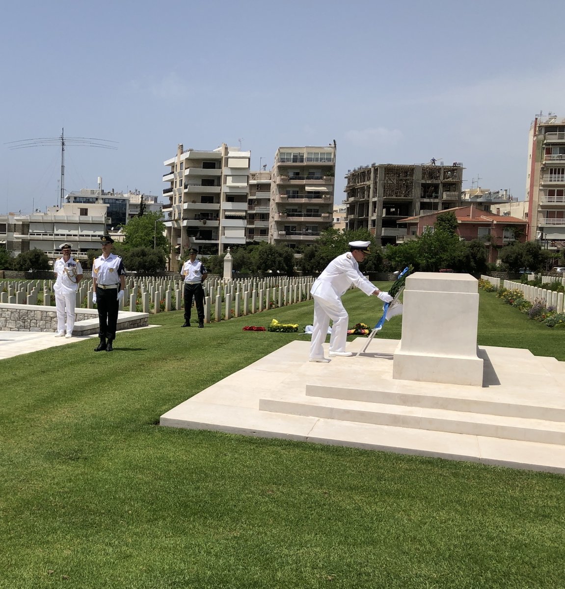 CWGC's tweet photo. A small social distance compliant ceremony has today been held @CWGC’s Phaleron War Cemetery to mark the 79th anniversary of the Battle of Crete. The annual event, usually held in Crete, was unable to take place this year due to COVID-19. Learn more: https://t.co/nNSKoPWk35 #WW2 https://t.co/3Hrdj3QJkx
