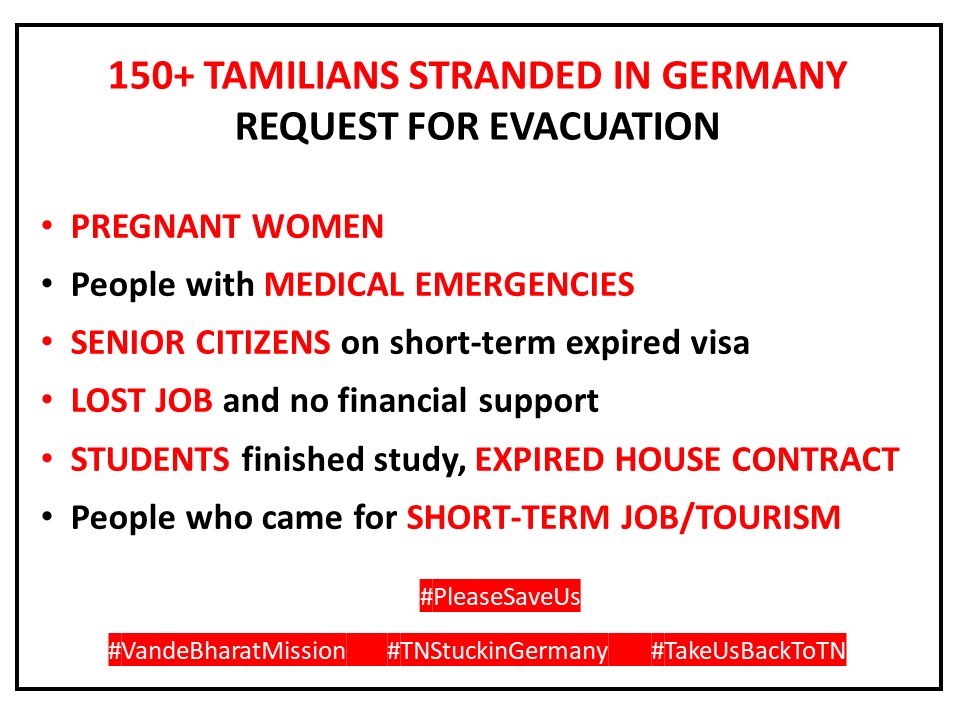 charithsenthil's tweet photo. #VandeBharatMission 
Please help us to go back to Tamil Nadu!
#TNStuckinGermany #TakeUsBackToTN

@HardeepSPuri @eoiberlin @MoCA_GoI
@DGCAIndia @PMOIndia @DrSJaishankar
@airindiain @flyspicejet @CMOTamilNadu
@narendramodi @MEAIndia @Vijayabaskarofl
@CPVIndia @Captain_Mani72 https://t.co/MMEZVcigZV