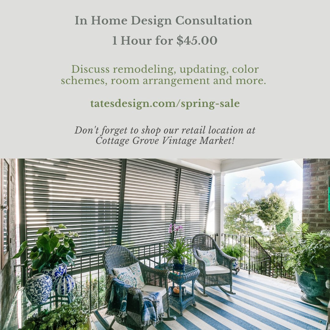 TatesDesign's tweet image. Have you been dreaming of updating your home? Tate's Design is having a spring sale for you to create your dream home. Find more information on our website tatesdesign.com/spring-sale and be sure to shop our retail location @cottagegrovevintage!