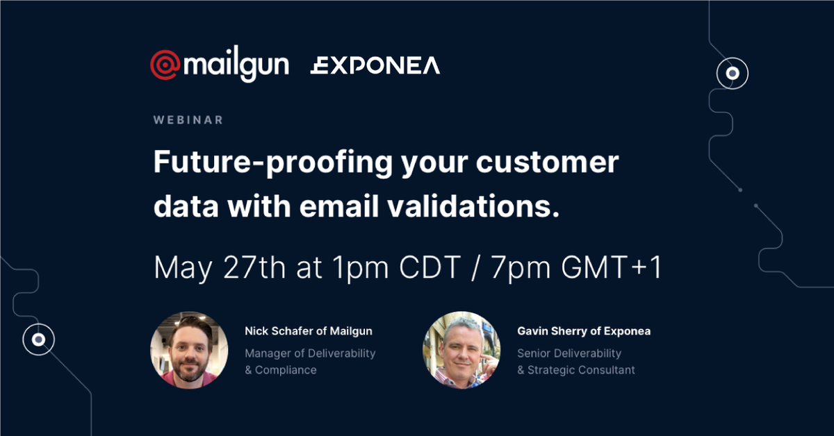 Mail_Gun's tweet photo. The benefits of email validation can strengthen your email strategy. Learn how it can be properly applied to your email program. Sign up today, learn with @exponea and @Mail_Gun next week!
https://t.co/b5cSCCX0D5
#emailvalidation #emailgeeks #marketingemail #transactionalemail https://t.co/GvvU7G1tBu