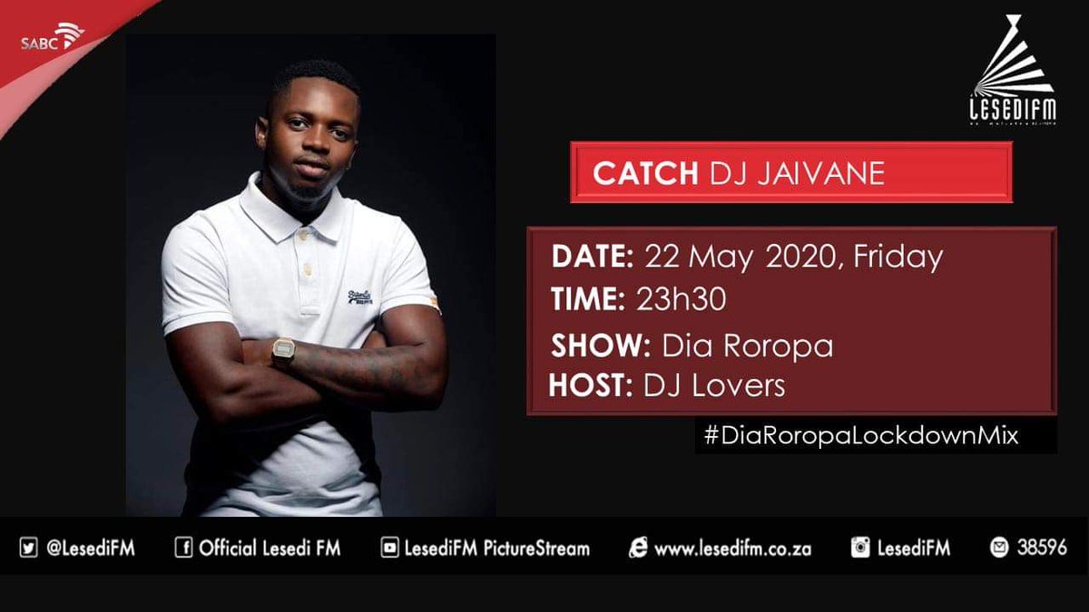 LesediFM's tweet image. Mafelong ana a beke re jaivela Amapiano le @Djy_Jaivane,  ka labohlano ho Dia Roropa le @DjloversSA! 🔥
#DiaRoropa #DiaRoropaLockdown #KeMollelwa