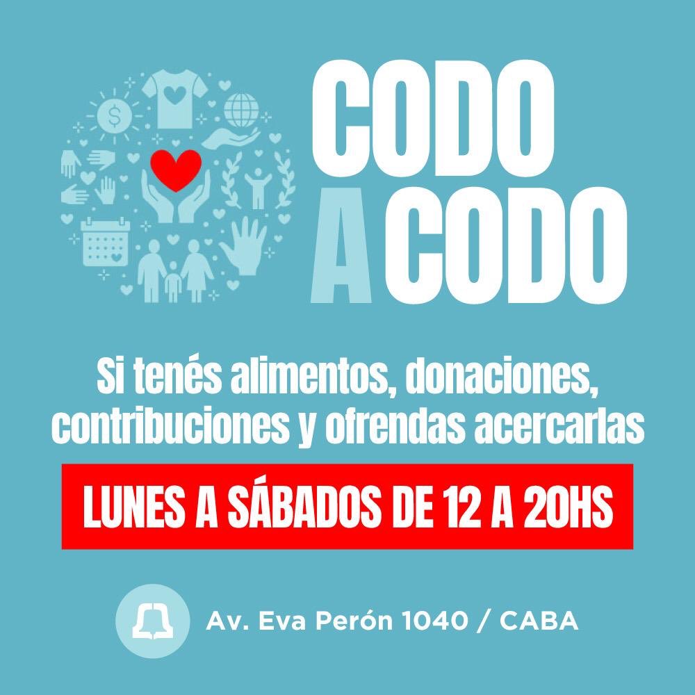 Estamos reuniendo donaciones de alimentos no perecederos, contribuciones y ofrendas, de lunes a sábados de 12 hs a 20 hs en Av. Eva Perón 1040, CABA.

#CatedralUnaGranFamilia #CodoACodo
