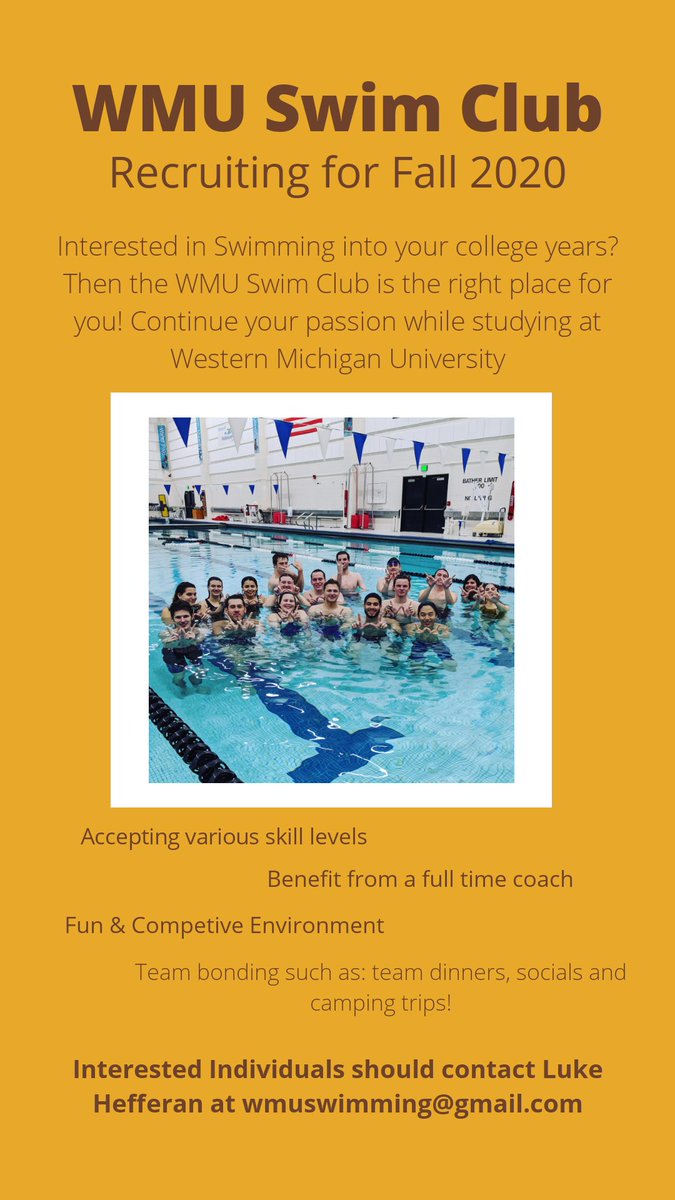 SwimClubWMU's tweet photo. Recruiting Freshman for Fall 2020! All skill levels are welcome 😊 https://t.co/896heoJUle