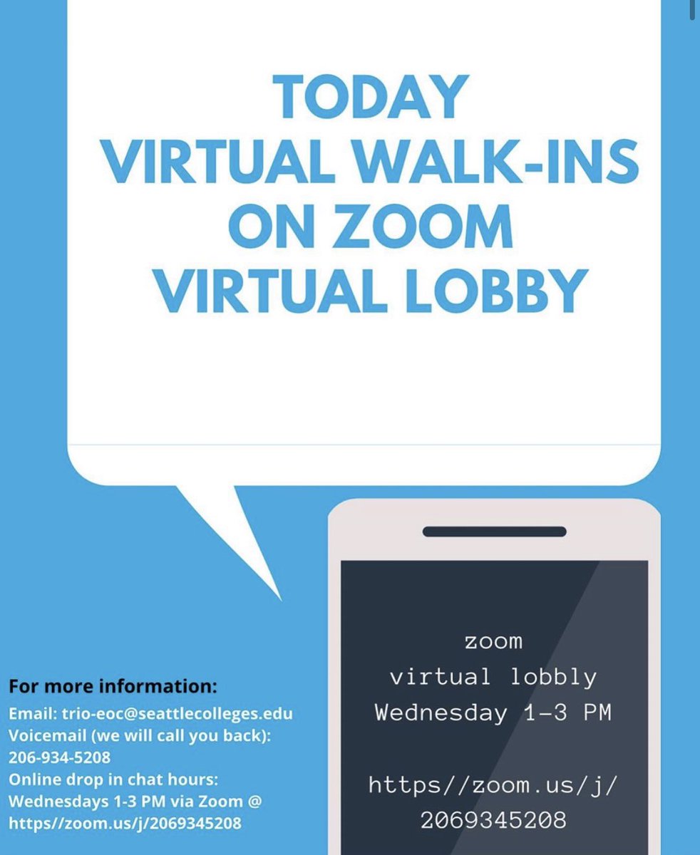TrioeocS's tweet photo. Happy Wednesday everyone,
Walk-ins on Zoom virtual Lobby will be from 1-3pm Today🍃 #SouthSeattleCC #seattle #SSCC #seattlecolleges  #TRIO #eoc #zoomcodes https://t.co/6pDdRddU3U