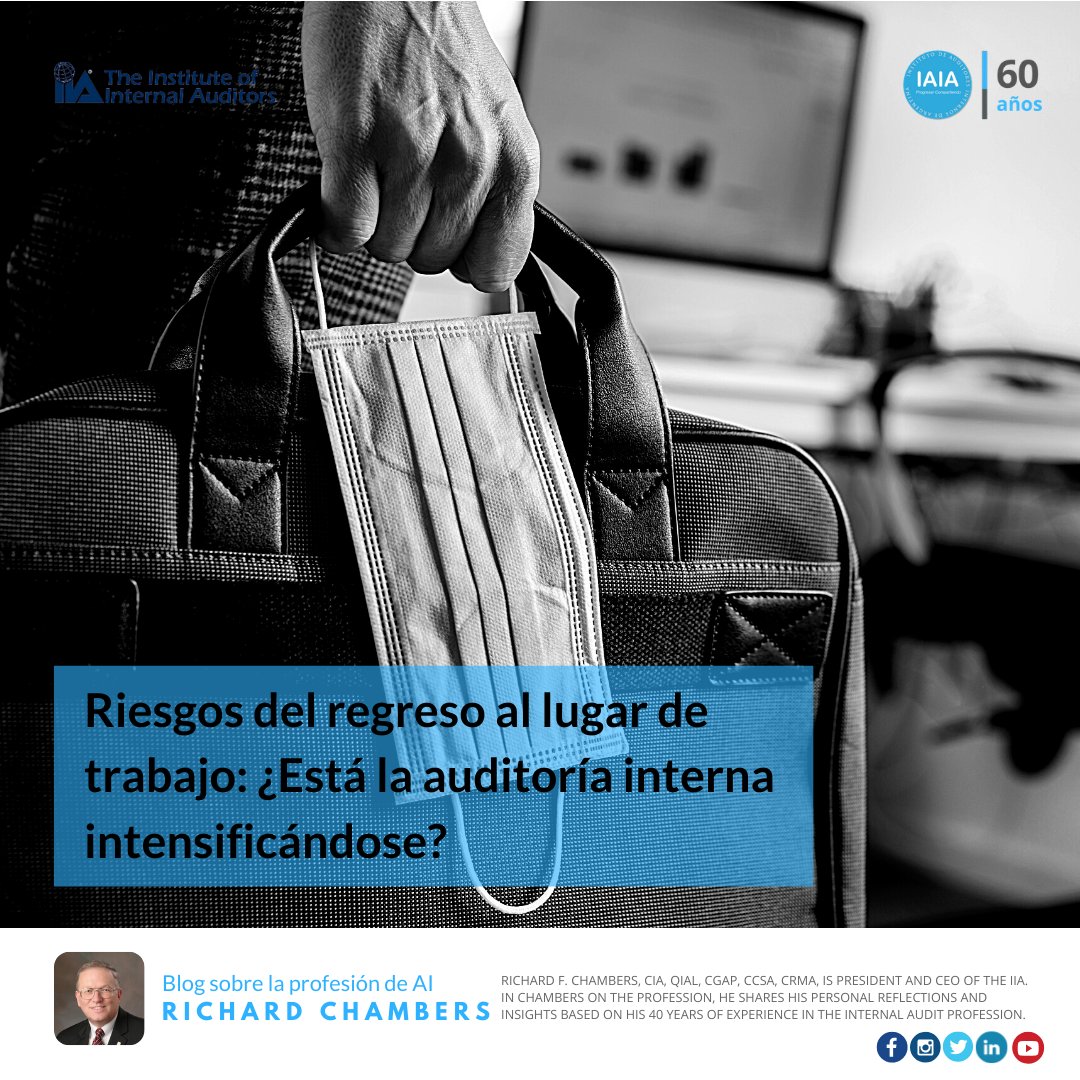 InstitutoIAIA's tweet photo. [Artículo] 📰 "Riesgos del regreso al lugar de trabajo: ¿Está la auditoría interna intensificándose?".

Blog de @rfchambers en español. 

Link: https://t.co/WNs1MoGeRY

#Coronavirus #Covid19 #RichardChambers #IIAMay #Auditoría #IAIA60años #SoySocioIAIA #ProgresarCompartiendo https://t.co/lpAhY95GYN