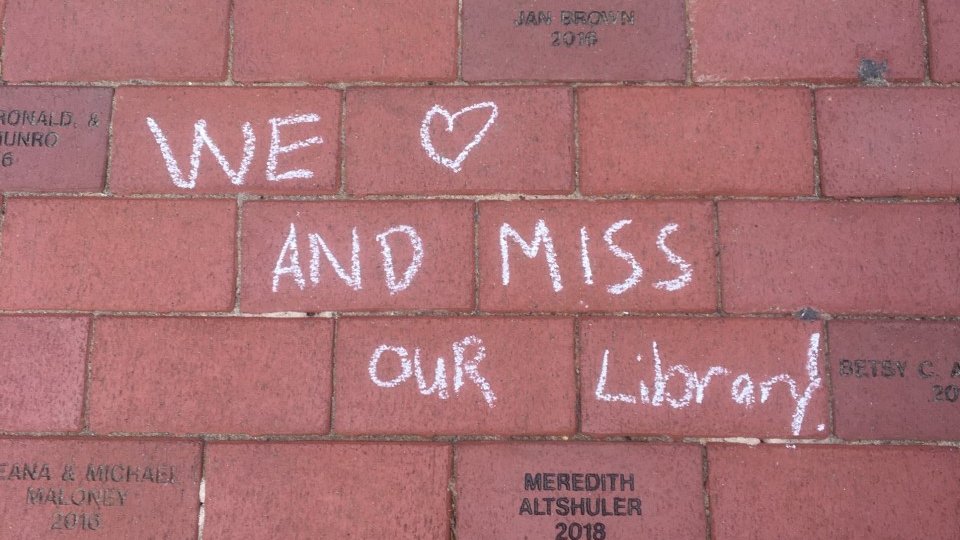 WRLibrary's tweet photo. Our day was made when we found this chalk note outside the entrance to the Williamsburg Library! We ♥️ and miss you too!!! 😍 https://t.co/rObJ82xlXM