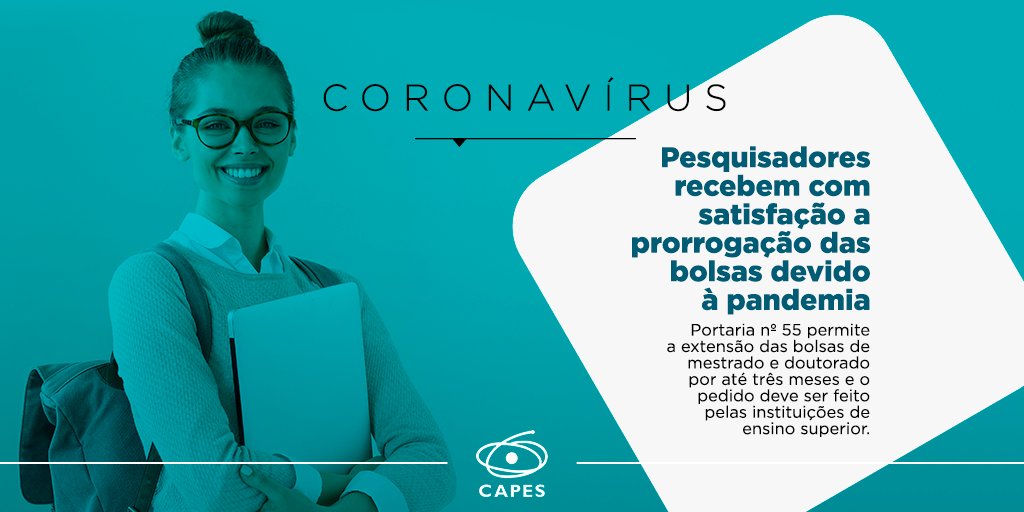 A medida é uma das ações da #CAPES para amparar os pesquisadores durante a pandemia do novo vírus corona. Os programas de pós-graduação (PPGs) são os responsáveis por fazer o pedido pelo Sistema de Concessão de Bolsas e Auxílios (SCBA). Saiba mais: is.gd/iWqDLt