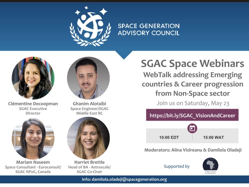 AlinaVizireanu's tweet photo. In less than 3 days we are welcoming you to our 8th Live @SGAC Webinar!
May 23 at 10AM ED | 4PM CEST
Register here: https://t.co/oFJi8dp8lI
Together with our panelists we will be discussing what it takes to progress your #space #career coming from a #nonspace background.
Join us! https://t.co/tozL3saZvz
