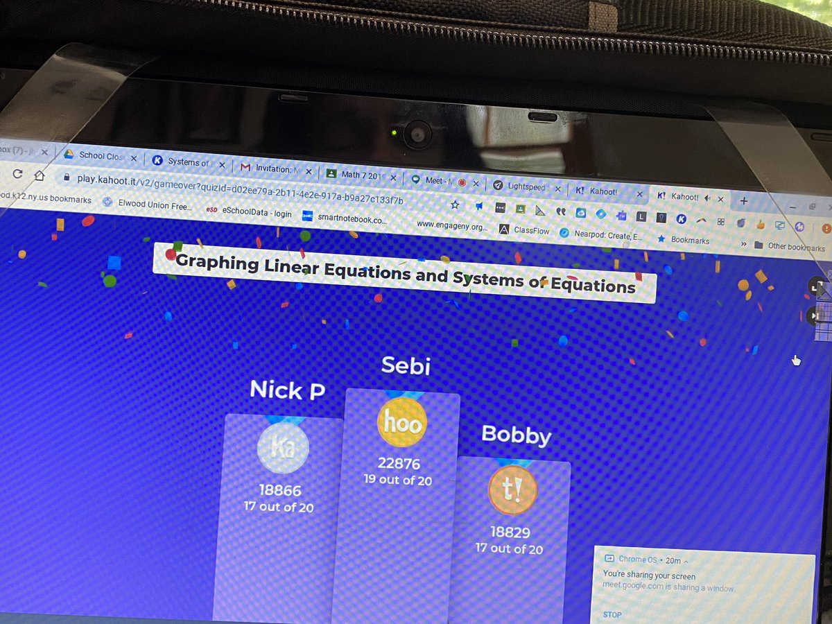 A fun Kahoot game for the seventh grade blue and white teams followed by Math Live Classroom. #stayingconnected @megan_riley10 <a href="/MsHasdayEMS/">Jessica Hasday</a> <a href="/MsGiordano/">Ms.Giordano_24</a>