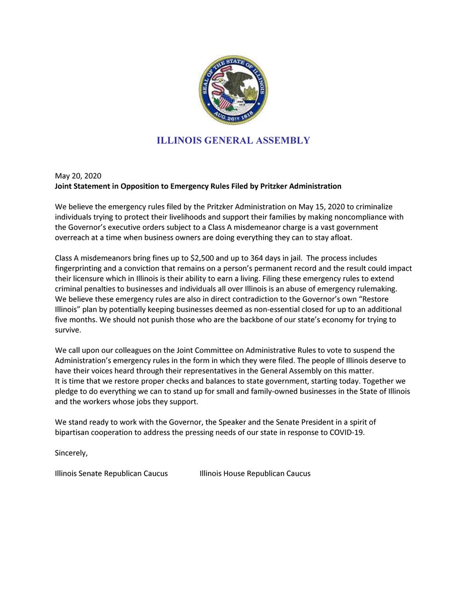 ilhousegop's tweet photo. Our caucus along with @ILSenateGOP has issued a joint statement in opposition to the Governor's emergency rules criminalizing small biz owners for trying to salvage their livelihoods. Rep. Wheeler will file the motion to suspend these rules at the JCAR meeting this AM. #twill https://t.co/B7IoKEdvpd