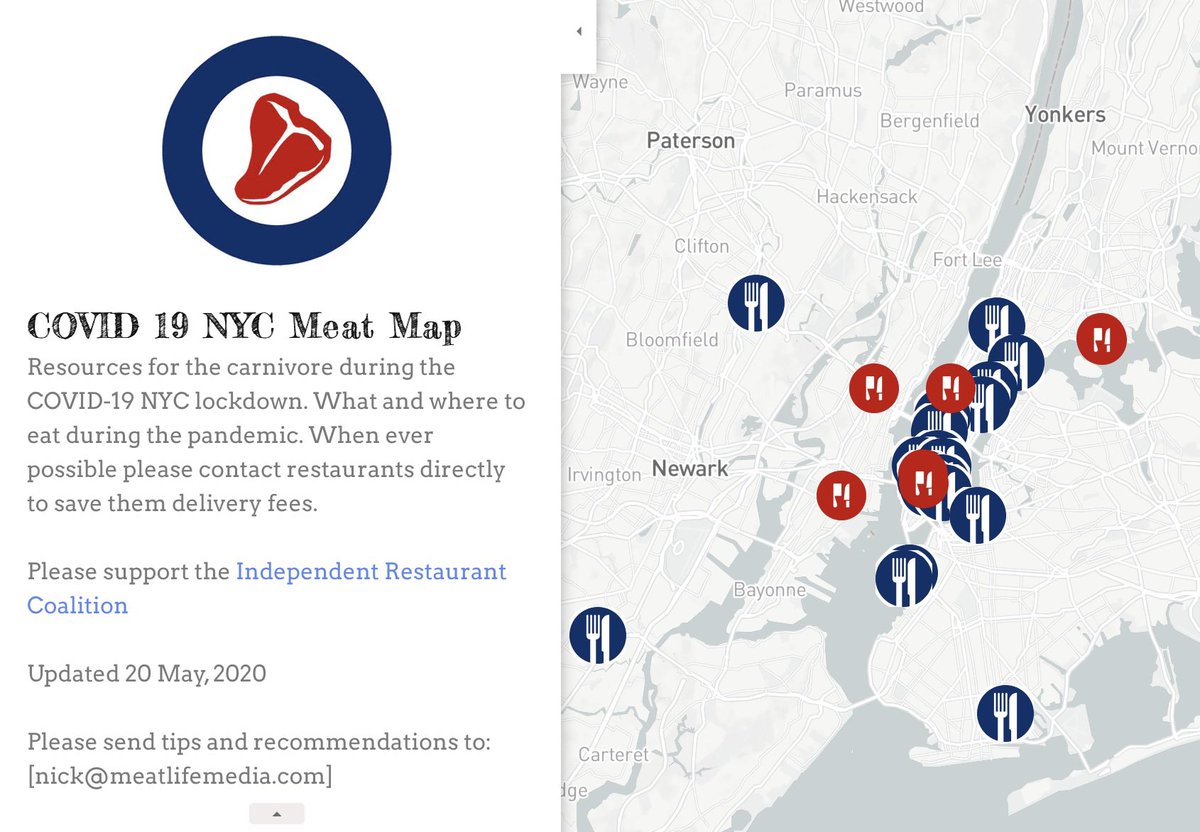Where and what to eat in NYC in the time of Covid-19. Includes restaurants, butcher shops and liquor sales. This is a work in progress, please send tips! tinyurl.com/Covid-Meat-map