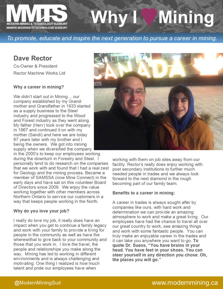 MMTS is spotlighting inspiring Mining Professionals for the month of May 2020! Why I love Mining Career Profiles. Stay tuned for more! <a href="/ModernMiningSud/">Modern Mining & Tech</a>
modernmining.ca

Meet Dave Rector <a href="/recvid/">Dave Rector</a>, Co-owner, <a href="/RectorMachine/">Rector Machine Works</a>
and Board Member <a href="/MineConnect_/">MineConnect</a>