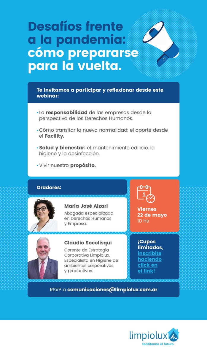 Los invitamos a participar del Webinar que llevará a cabo <a href="/Limpiolux/">Limpiolux</a> , empresa asociada a la CEMA.

Inscripción Gratuita.
lnkd.in/gi7WFrf

#RSE #Sustentabilidad #MedioAmbiente #Ambiente #Salud #CoronavirusArgentina