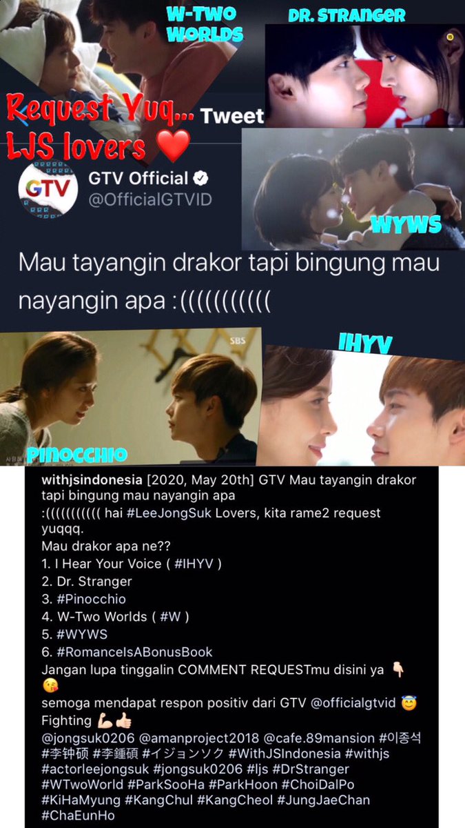 WithJSIndonesia's tweet photo. 2020,May20_ COMMENT REQUESTmu utk drakor #LJS di👇🏻 / @officialgtvid
#IHearYourVoice #IHYV #Pinocchio #W #WYWS #RomanceIsABonusBook
#이종석 #WithJSIndonesia #DrStranger  #WTwoWorld #ParkSooHa #ParkHoon #ChoiDalPo #KiHaMyung #KangChul #KangCheol #JungJaeChan #ChaEunHo #leejongsuk https://t.co/e8VgFcxuMv