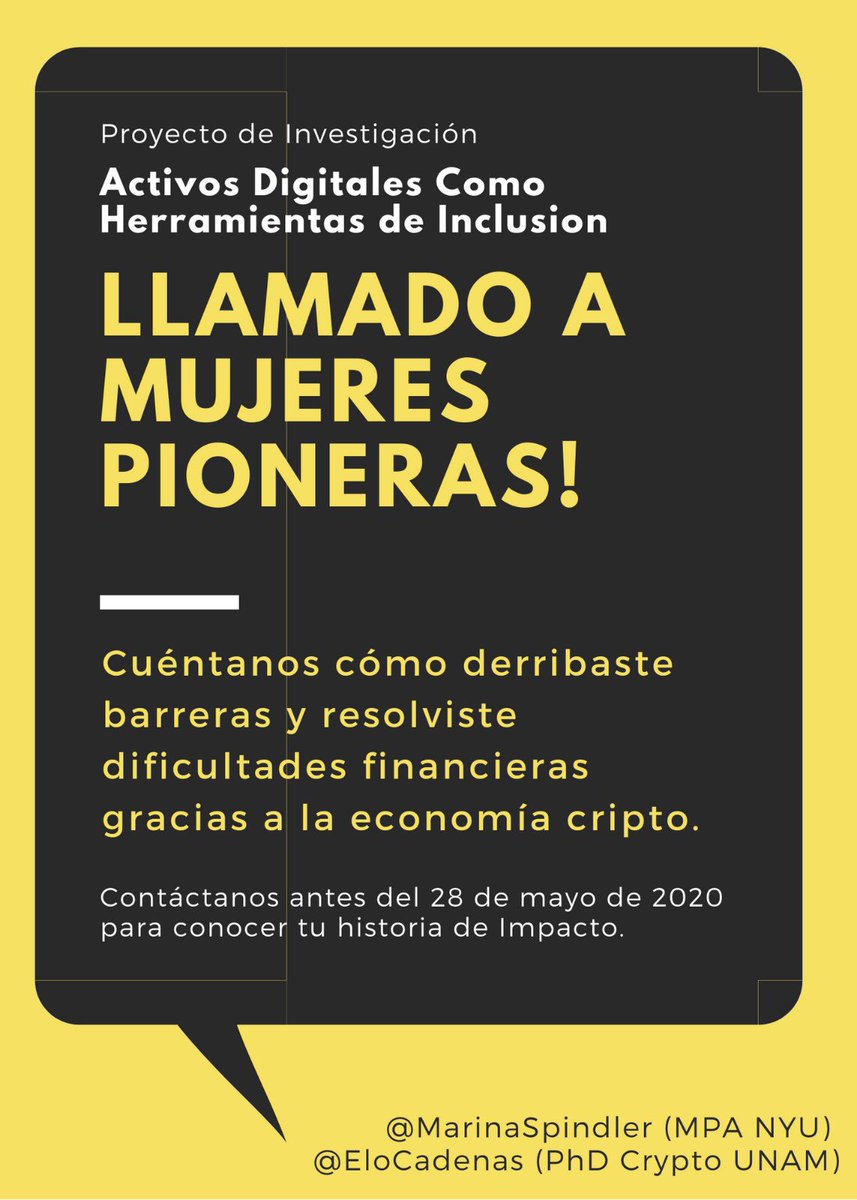 elocadenas's tweet photo. A todas las #mujeres👩🏻‍🏭que tengan una historia real de cómo los #criptoactivos han apoyado su vida, escríbannos! #Investigación #Bitcoin #InclusionFinanciera
@MarinaSpindler https://t.co/vzeVD98fIb