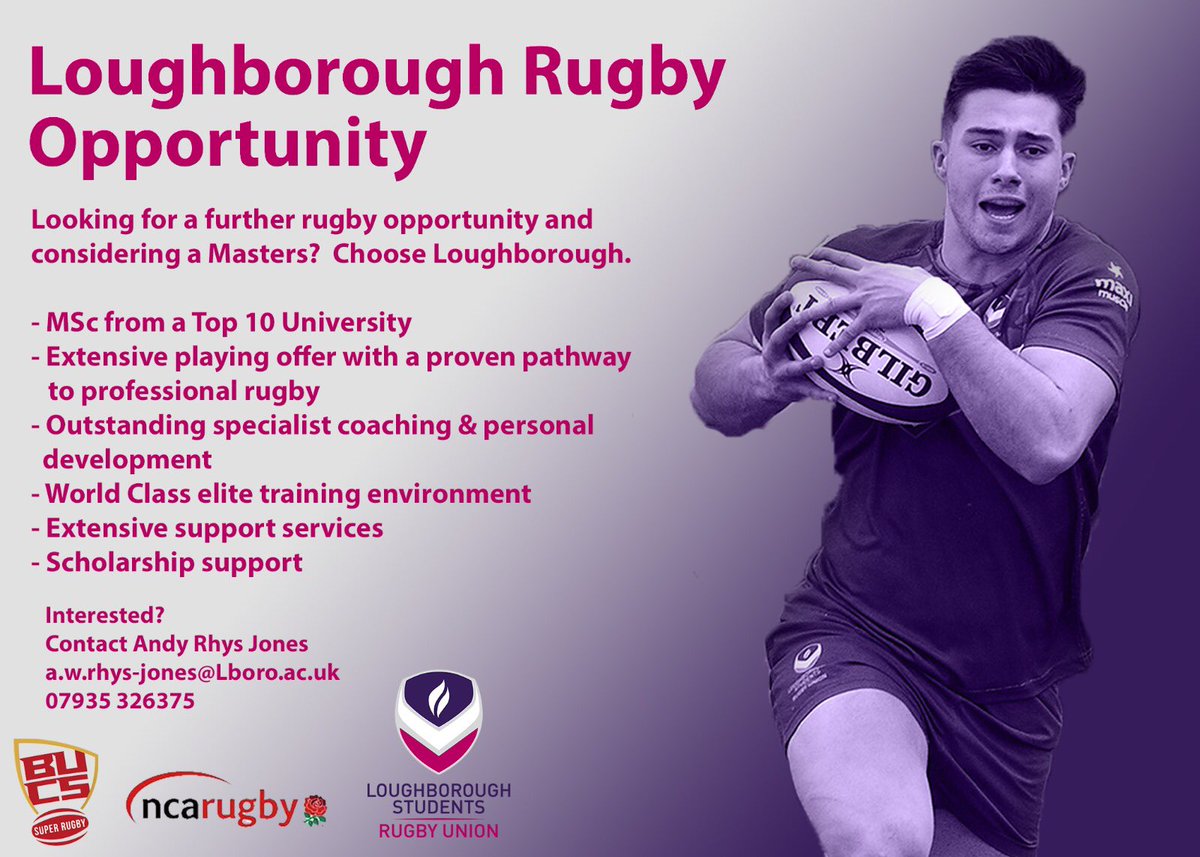 Looking for a further rugby opportunity and considering a Masters? Choose Loughborough.

For more information contact Andy Rhys Jones
📱 07935 326735
📧a.w.rhys-jones@lboro.ac.uk