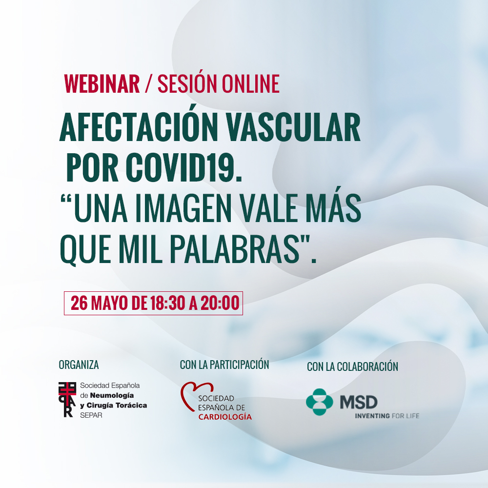 SeparRespira's tweet photo. 🔴  Webinar: martes 26 de mayo a las 18:30h.
Afectación vascular por COVID19. Una imagen vale más que mil palabras.
��  https://t.co/0S83A49lv0
Con la participación de @secardiologia 
Colabora @msd_es https://t.co/lD0Hjh8Lgs