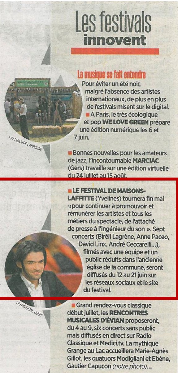 MLJazzFestival's tweet photo. Maisons-Laffitte Jazz Festival innove aux cotés de @WeLoveGreen @Jazz_in_Marciac et des Rencontres Musicales d'Evian 😁 Un article paru dans @le_Parisien !
#MLJF #SceneFrançaise #SpecialDigital #Festival https://t.co/F4V1JxT32s