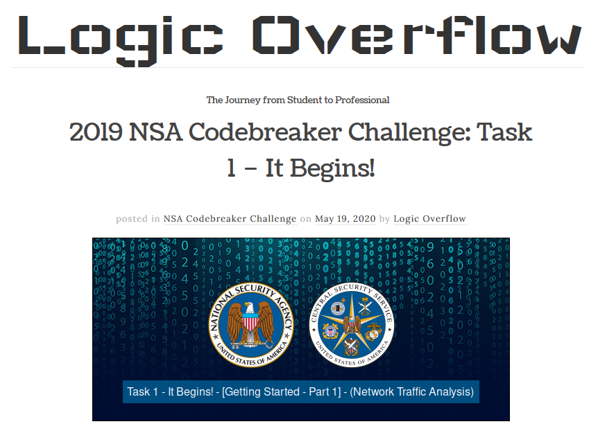 LogicOverflow's tweet photo. Participated in the 2019 NSA Codebreaker Challenge last fall. Walkthrough guide for the first task: https://t.co/C2Cpi3bK96
#nsa #nsacodebreakerchallenge #CyberSecurity https://t.co/SBDWMeHhCu