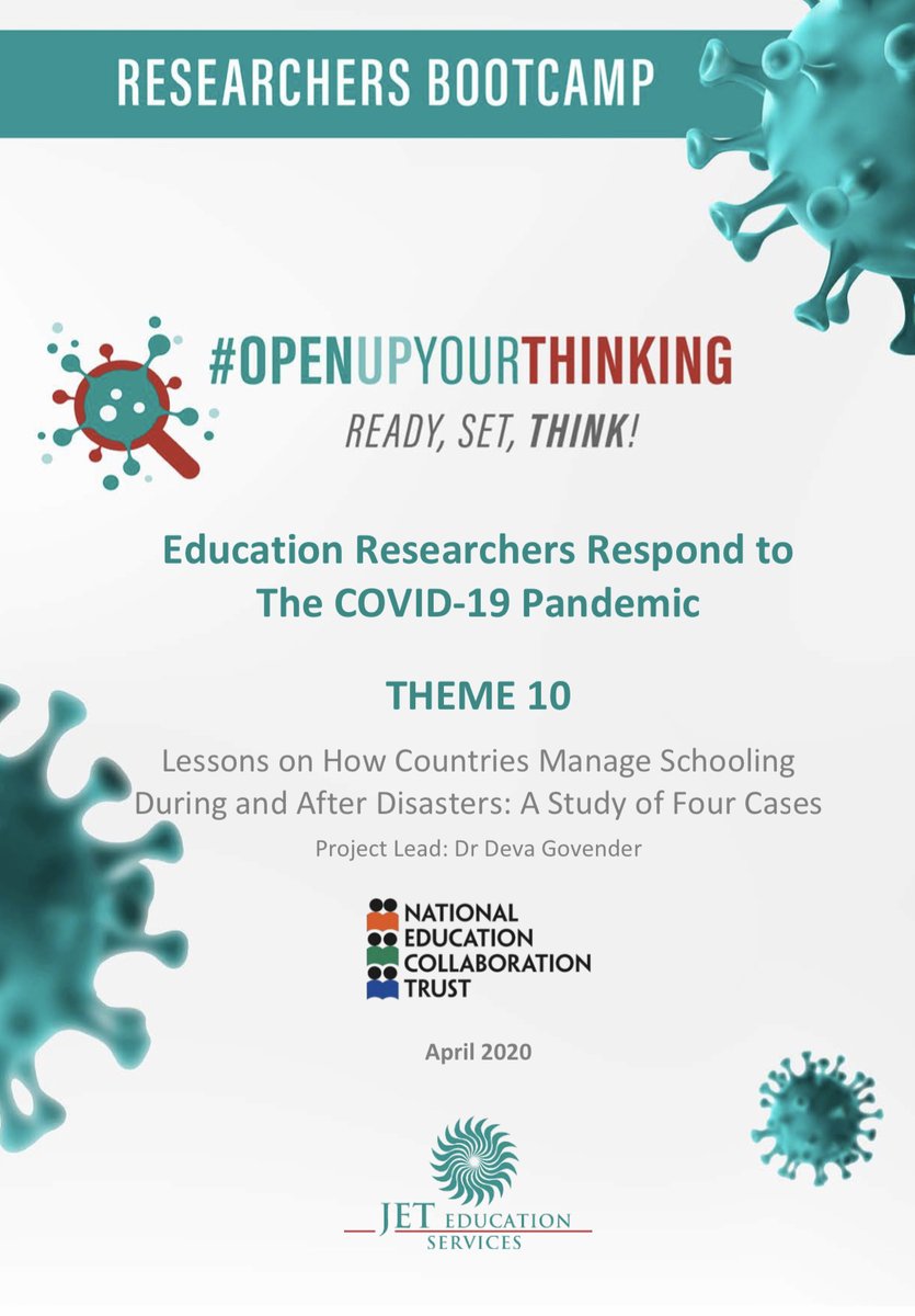 JETEdServices's tweet photo. ANNOUNCEMENT: We are pleased to share the Researchers Bootcamp Theme 10 report: Lessons on How Countries Manage Schooling During &amp; After Disasters: A Study of Four Cases. Now available! Download it here:https://t.co/Mw1rT22Ivm @The_NECT 

#ResearchersBootcamp 
#OpenupYourThinking https://t.co/pvSA2HJodA