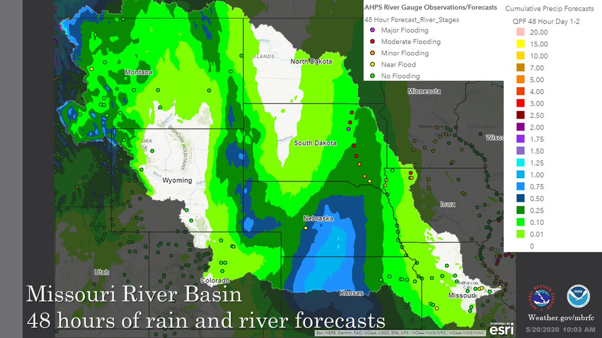 NWSMBRFC's tweet photo. The Missouri River Basin: 48 hours of river and rain forecasts as of 10 am 5/20/2020.   https://t.co/JNQP9PPtv6 

#MTwx #MTflood #SDWX #SDflood #NEwx #NEflood #IAwx #IAflood #MOwx #MOflood

@NWSGreatFalls 
@NWSNorthPlatte 
@NWSAberdeen 
@NWSSiouxFalls 
@NWSStLouis https://t.co/9eKQdQKbmD