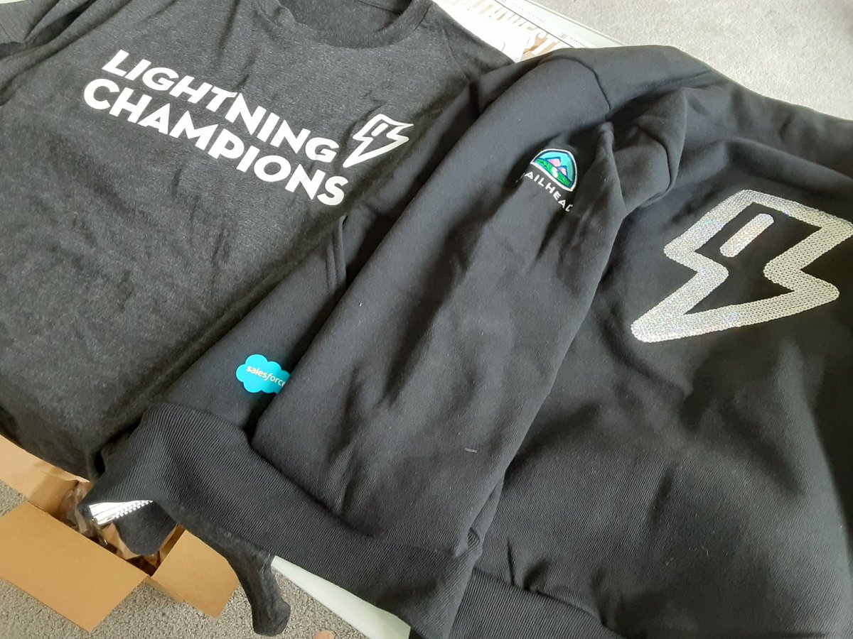 happyadmin's tweet photo. Loving the fresh #Salesforce swag as #LightningChampions! 😍 great boost to working on prod issues  😂 #commentout #happyadmin https://t.co/qv8Ajv3sdi