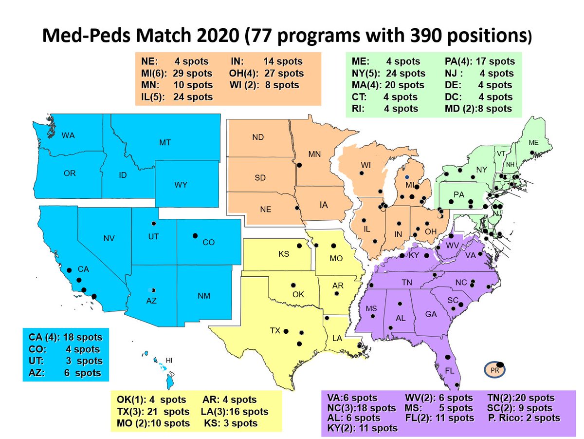 5/ There are currently 77 programs (see map). Most programs are pretty similar in training- since you are combining 6 yrs into 4 most schedules look fairly similar as all programs need to meet set ACGME requirements to ensure complete training in both IM and Peds.