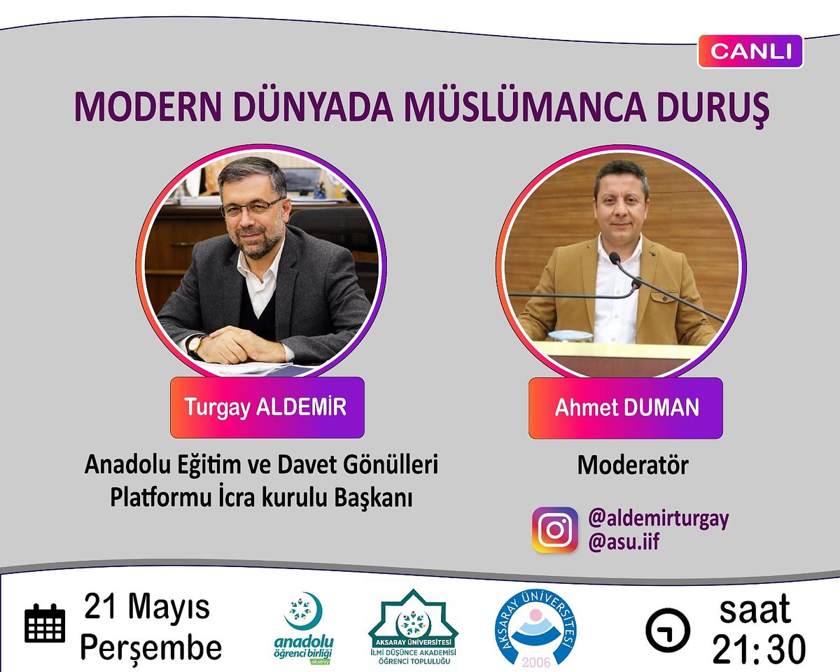 AobAksaray's tweet photo. ASÜ İslami ilimler fakültesi Instagram hesabı (asu.iif ) sayfasına konuk oluyoruz. ASÜ Sağlık Bilimleri Öğretim Görevlisi Ahmet Duman Hocamızın moderatörlüğünde 
Anadolu Platformu İcra Kurulu Başkanı Turgay Aldemir ile söyleşi düzenliyoruz. Bekliyoruz 

#Anadoluöğrencibirliği https://t.co/LYKpDKxlBp
