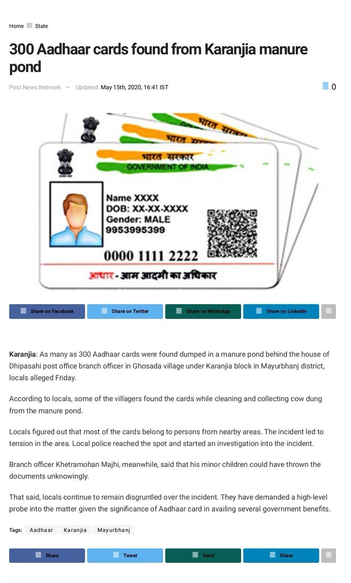 Orionis57's tweet photo. 300 Aadhaar cards found dumped in a manure pond.
@databaazi

#DataPrivacyBill
#DestroyTheAadhaar 
https://t.co/QzSwtNDBgL https://t.co/bFgSPHF1q9