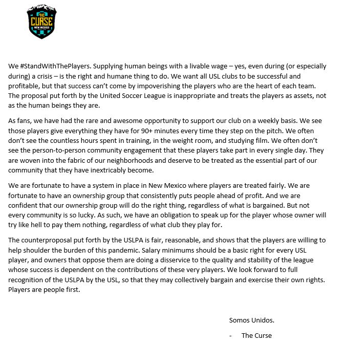TheCurseNM's tweet image. Our two cents on #StandWithThePlayers.
@USLPlayers @USL_HQ @ISCSupporters