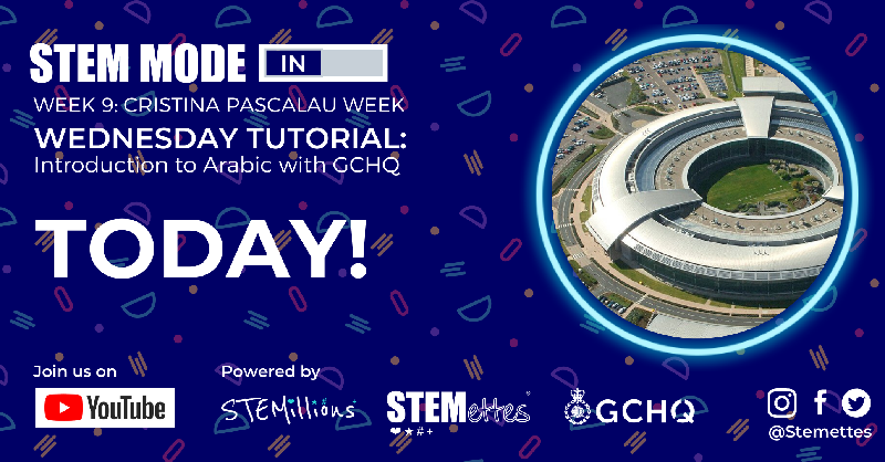 GCHQ's tweet image. 🔴 Our Arabic language tutorial is now live with the fantastic @Stemettes as part of the #STEMModeIn

Tune in now youtube.com/watch?v=Jo-KuW…
